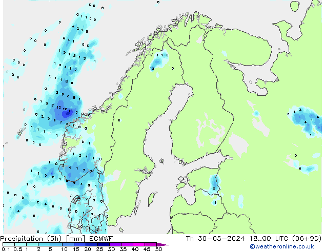 Totale neerslag (6h) ECMWF do 30.05.2024 00 UTC