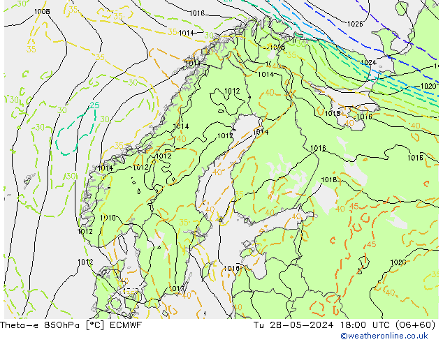 Theta-e 850hPa ECMWF Tu 28.05.2024 18 UTC