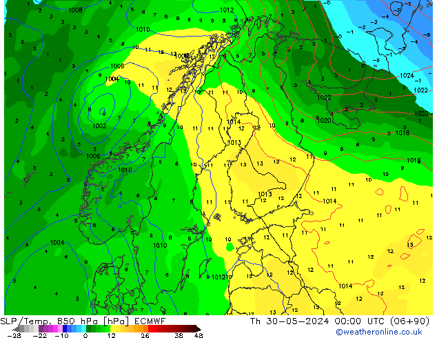 SLP/Temp. 850 hPa ECMWF Čt 30.05.2024 00 UTC