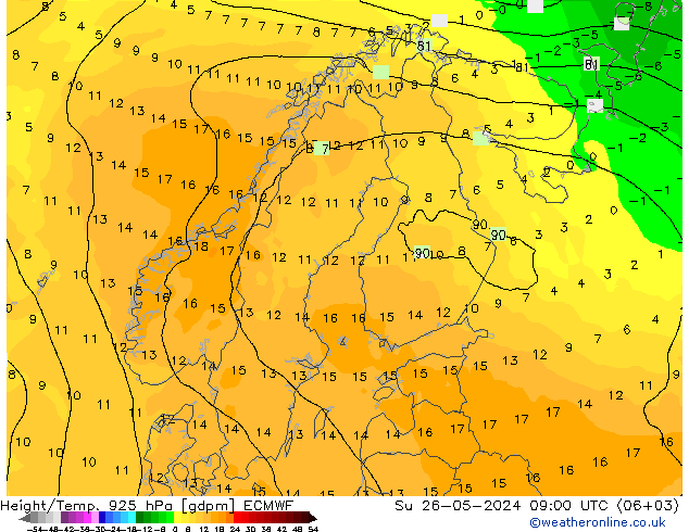 Geop./Temp. 925 hPa ECMWF dom 26.05.2024 09 UTC