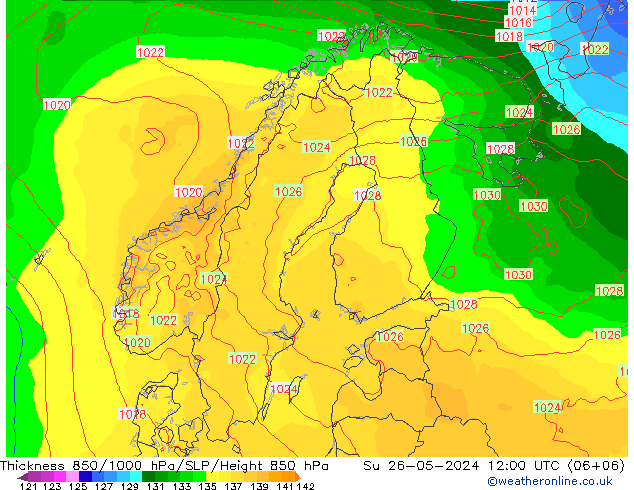 Schichtdicke 850-1000 hPa ECMWF So 26.05.2024 12 UTC