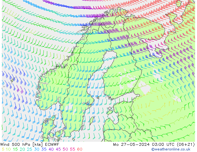 Vento 500 hPa ECMWF lun 27.05.2024 03 UTC