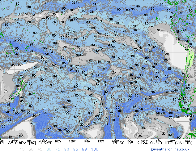 Humedad rel. 850hPa ECMWF jue 30.05.2024 00 UTC