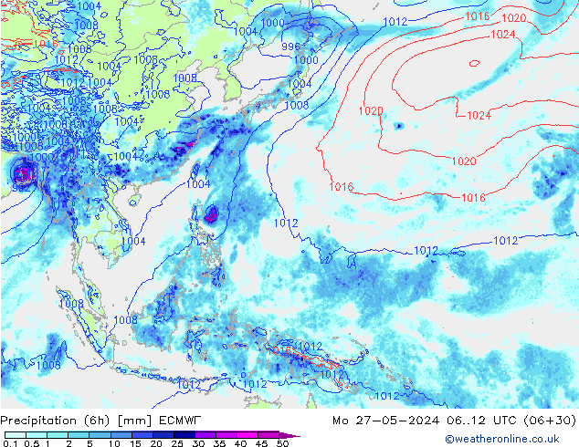 Z500/Rain (+SLP)/Z850 ECMWF Mo 27.05.2024 12 UTC