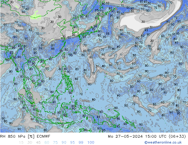 RH 850 гПа ECMWF пн 27.05.2024 15 UTC