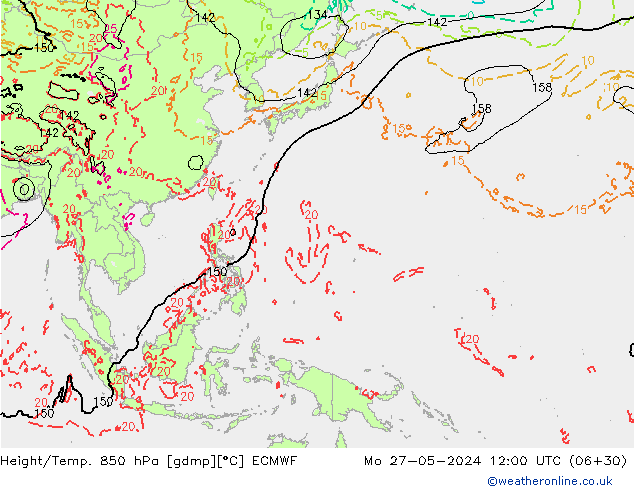 Z500/Rain (+SLP)/Z850 ECMWF Mo 27.05.2024 12 UTC