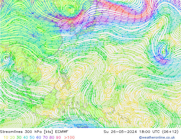 Streamlines 300 hPa ECMWF Su 26.05.2024 18 UTC