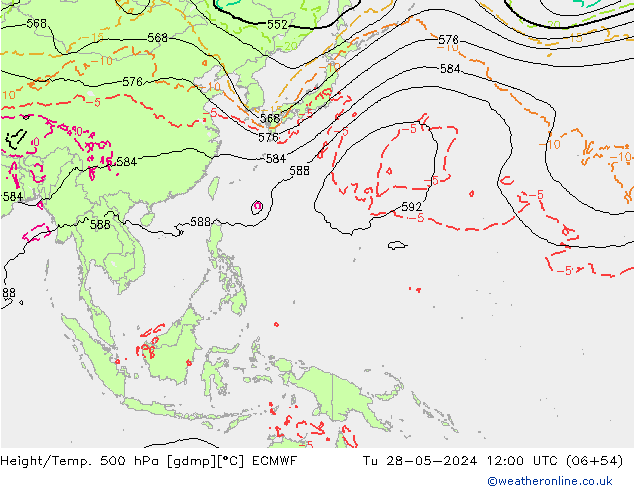 Z500/Rain (+SLP)/Z850 ECMWF Út 28.05.2024 12 UTC