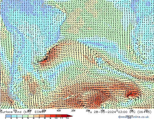 Viento 10 m (bft) ECMWF mar 28.05.2024 03 UTC