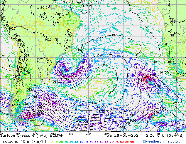 Isotachs (kph) ECMWF  29.05.2024 12 UTC