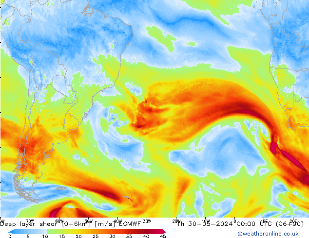 Deep layer shear (0-6km) ECMWF jeu 30.05.2024 00 UTC