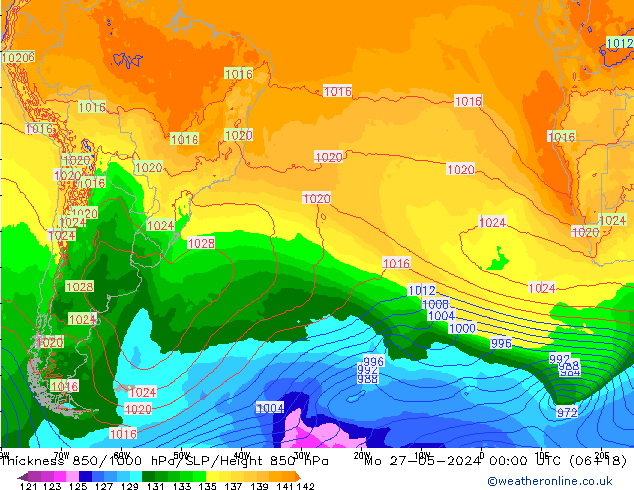 Thck 850-1000 hPa ECMWF lun 27.05.2024 00 UTC