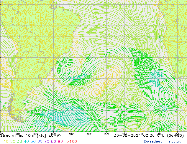 Stroomlijn 10m ECMWF do 30.05.2024 00 UTC