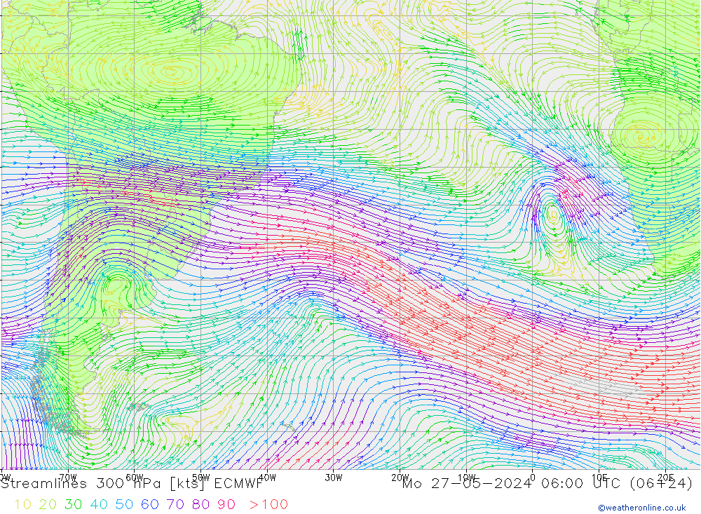 Linea di flusso 300 hPa ECMWF lun 27.05.2024 06 UTC