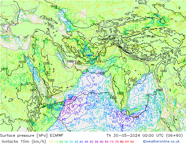 Isotachs (kph) ECMWF чт 30.05.2024 00 UTC