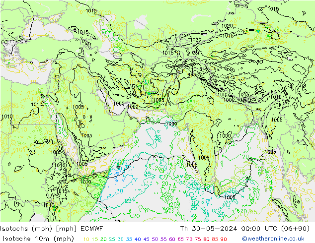 Isotachs (mph) ECMWF Th 30.05.2024 00 UTC