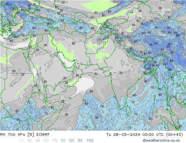 Humedad rel. 700hPa ECMWF mar 28.05.2024 00 UTC