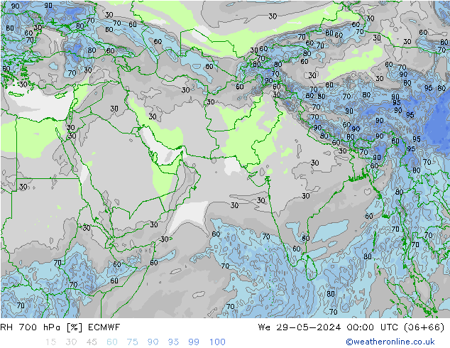 RH 700 hPa ECMWF śro. 29.05.2024 00 UTC