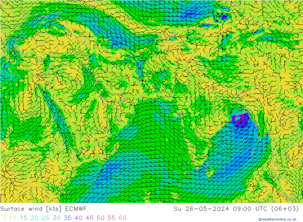 wiatr 10 m ECMWF nie. 26.05.2024 09 UTC