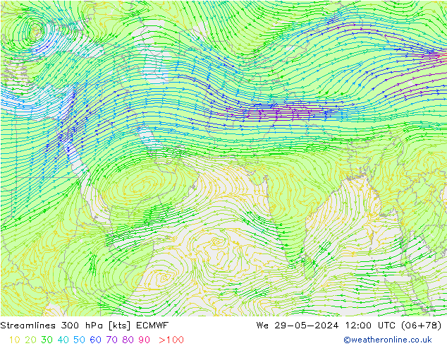 Linea di flusso 300 hPa ECMWF mer 29.05.2024 12 UTC