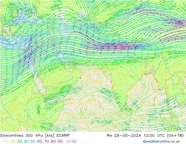 Streamlines 300 hPa ECMWF We 29.05.2024 12 UTC