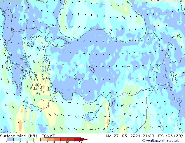 Surface wind (bft) ECMWF Mo 27.05.2024 21 UTC