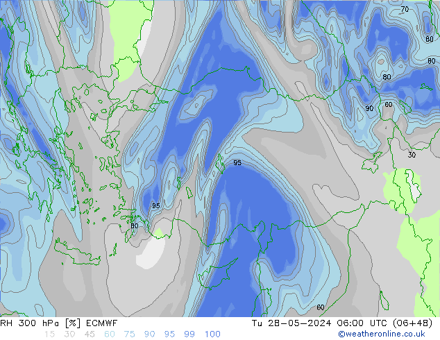 RH 300 hPa ECMWF wto. 28.05.2024 06 UTC