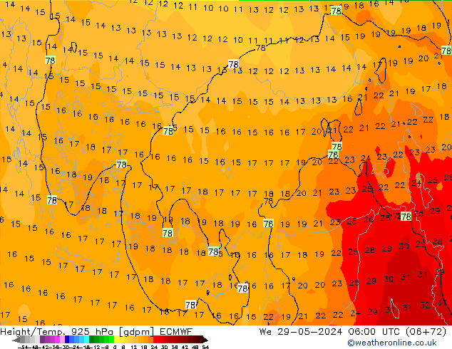 Height/Temp. 925 hPa ECMWF We 29.05.2024 06 UTC