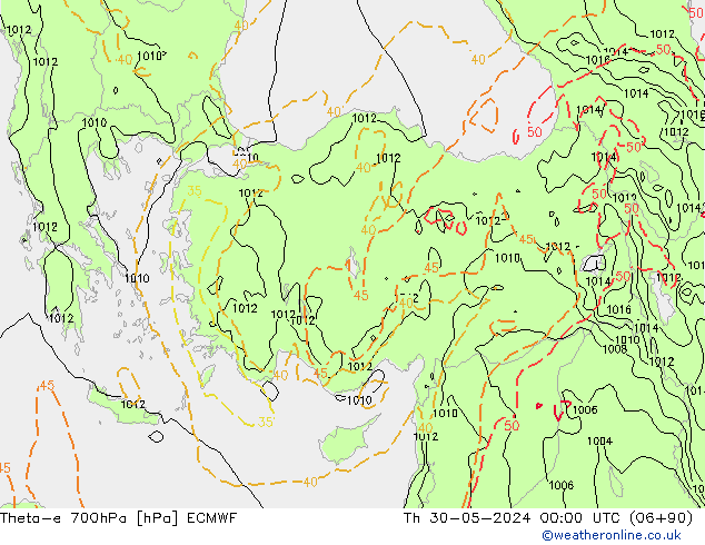 Theta-e 700hPa ECMWF do 30.05.2024 00 UTC