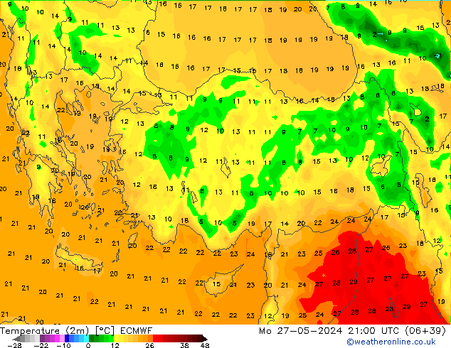 Temperatura (2m) ECMWF Seg 27.05.2024 21 UTC