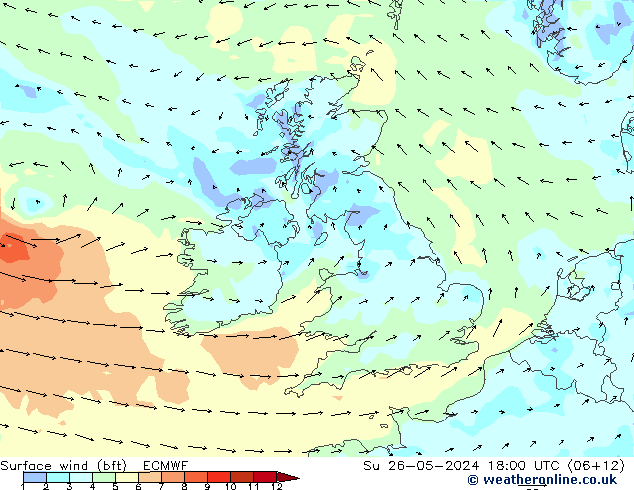 Rüzgar 10 m (bft) ECMWF Paz 26.05.2024 18 UTC