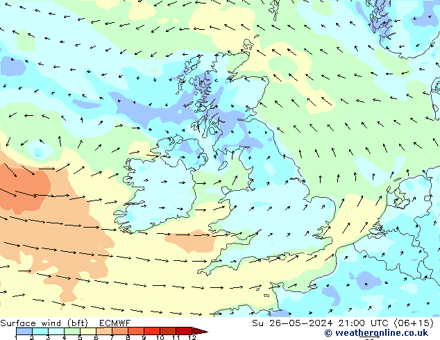 Bodenwind (bft) ECMWF So 26.05.2024 21 UTC