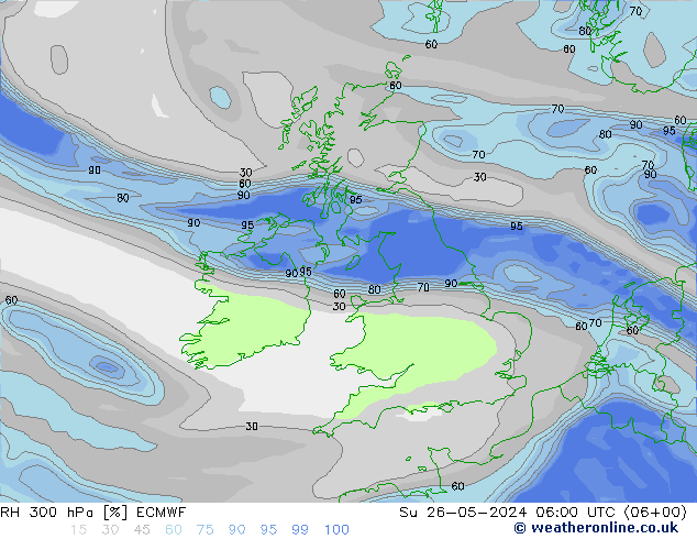 Humedad rel. 300hPa ECMWF dom 26.05.2024 06 UTC