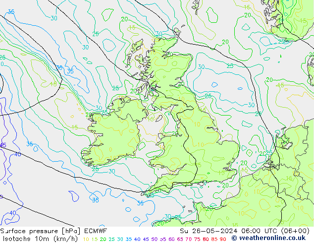 Isotachen (km/h) ECMWF zo 26.05.2024 06 UTC