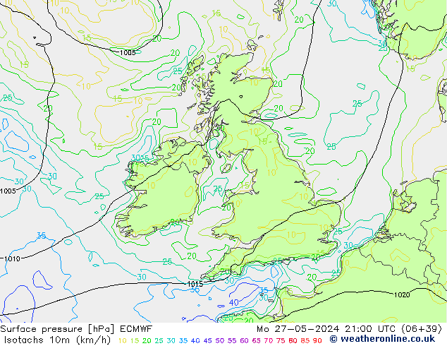 Isotachen (km/h) ECMWF ma 27.05.2024 21 UTC