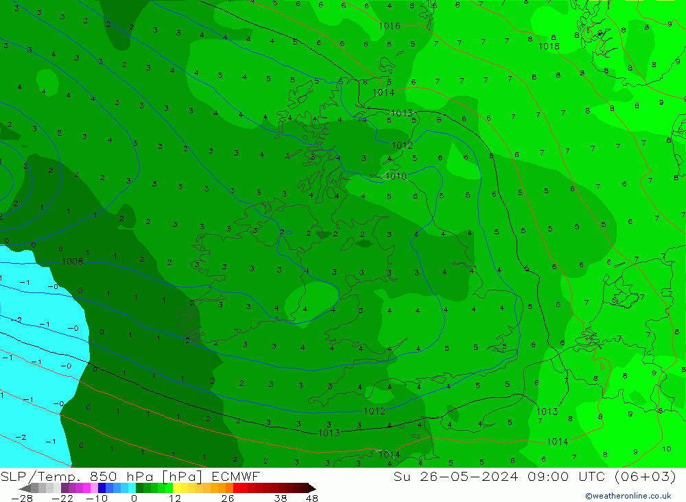 SLP/Temp. 850 hPa ECMWF nie. 26.05.2024 09 UTC