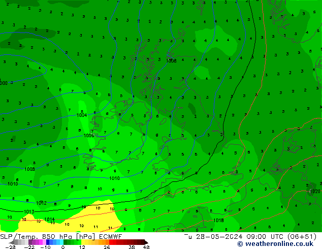 SLP/Temp. 850 hPa ECMWF Tu 28.05.2024 09 UTC