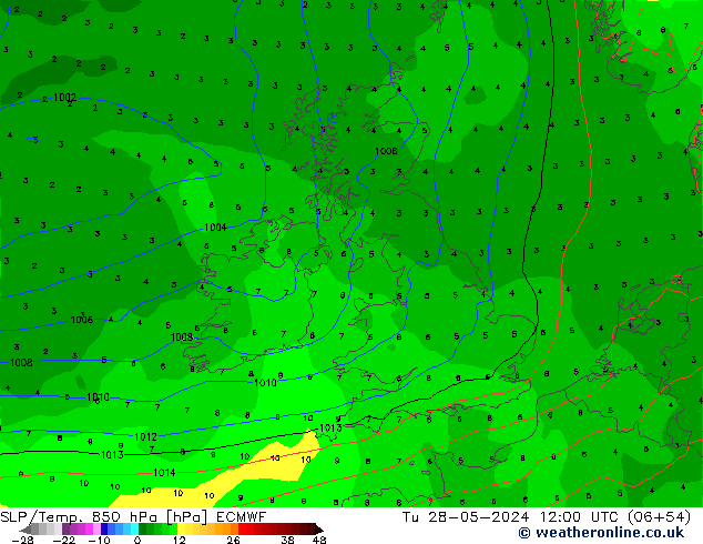 SLP/Temp. 850 hPa ECMWF  28.05.2024 12 UTC