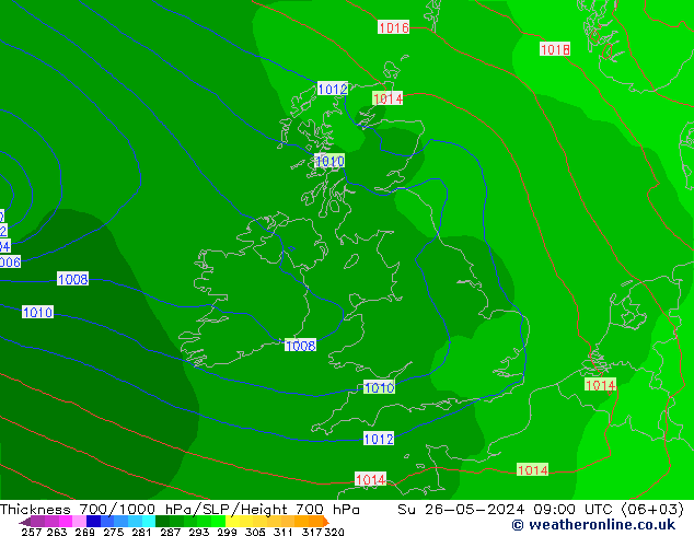 Espesor 700-1000 hPa ECMWF dom 26.05.2024 09 UTC