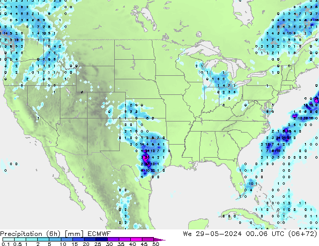 Totale neerslag (6h) ECMWF wo 29.05.2024 06 UTC