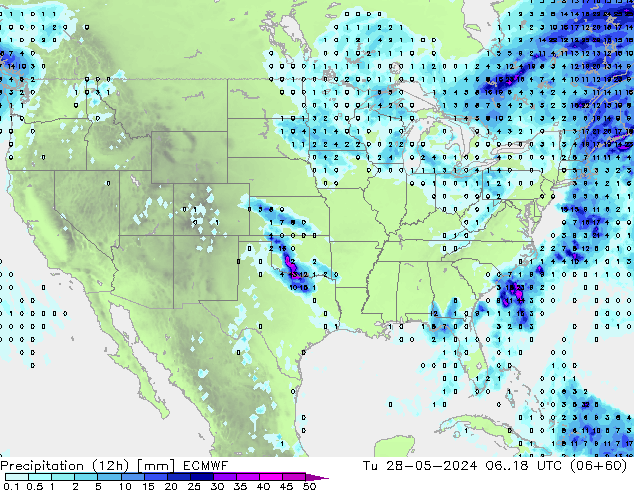 Precipitation (12h) ECMWF Út 28.05.2024 18 UTC