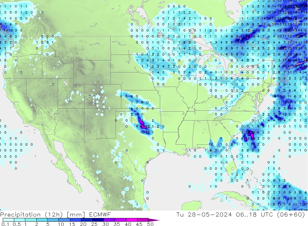 Precipitation (12h) ECMWF Út 28.05.2024 18 UTC