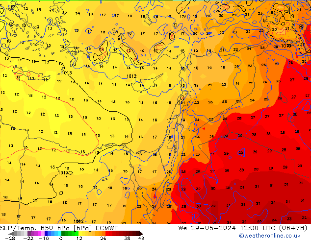 850 hPa Yer Bas./Sıc ECMWF Çar 29.05.2024 12 UTC