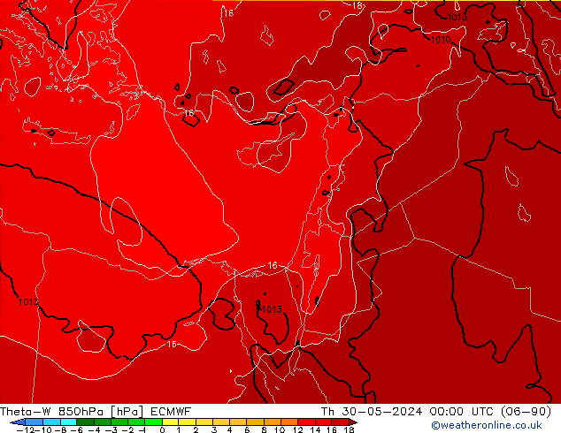 Theta-W 850hPa ECMWF czw. 30.05.2024 00 UTC