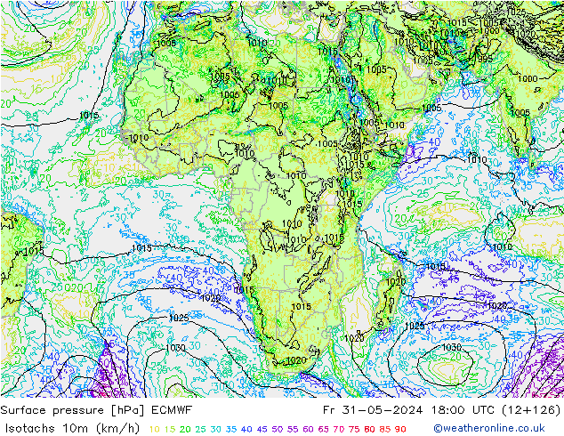 Isotachs (kph) ECMWF Sex 31.05.2024 18 UTC