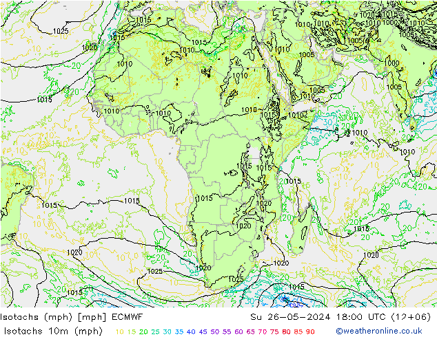 Isotachen (mph) ECMWF zo 26.05.2024 18 UTC