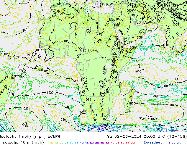 Isotachs (mph) ECMWF Вс 02.06.2024 00 UTC