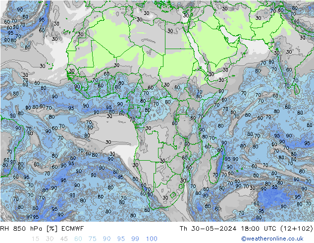 RV 850 hPa ECMWF do 30.05.2024 18 UTC