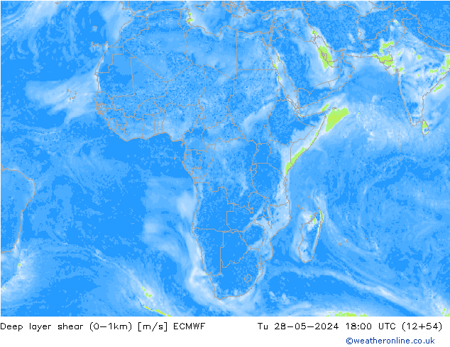 Deep layer shear (0-1km) ECMWF Út 28.05.2024 18 UTC
