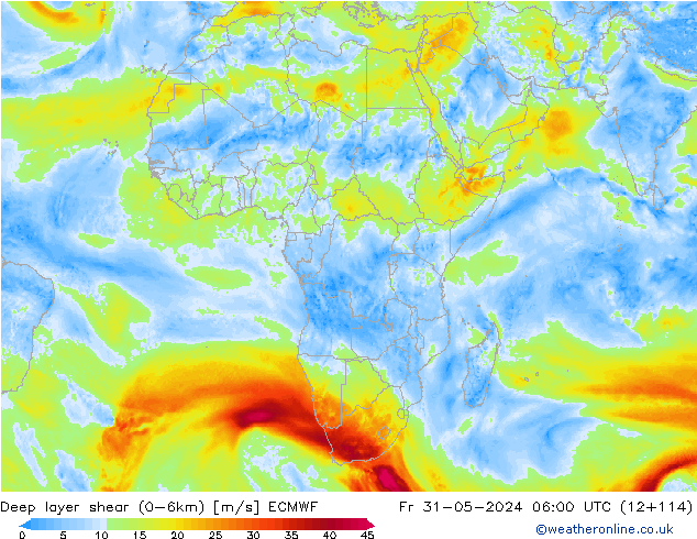 Deep layer shear (0-6km) ECMWF Fr 31.05.2024 06 UTC